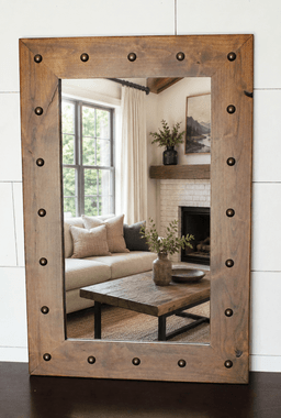 Santa Fe Stained Alder Wood Mirror – Rustic Stained Frame with Decorative Tacks | Southwestern Wall Mirror