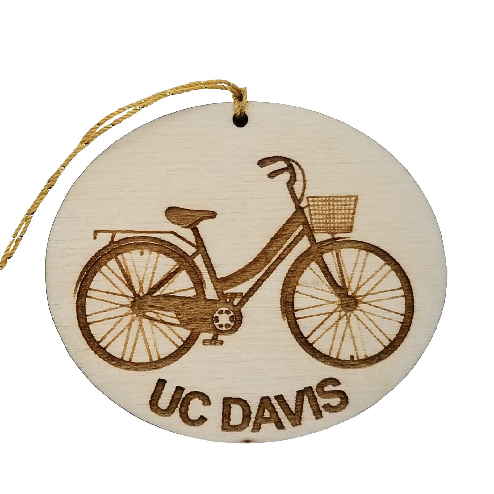 UC Davis Wood Ornament – Womens Bicycle with Basket and Bike Rack – 15030