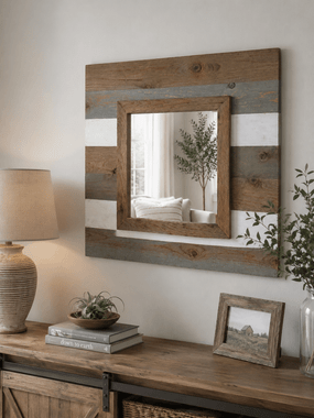 Rustic Slat Cedar Mirror – Whitewash, Weathered Gray or Beachwood – Handmade Wood Wall Mirror (30×30 / 34×34)