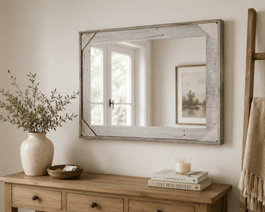 Rustic Barnwood Cornerblock Mirror – Handcrafted Reclaimed Wood Frame, Made in USA