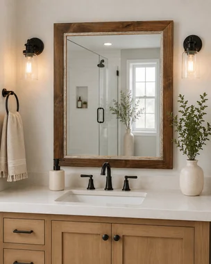 Handcrafted Myrtle Beach Mirror – Dark Walnut Alder Frame with Reclaimed Barnwood Accent (Multiple Sizes)