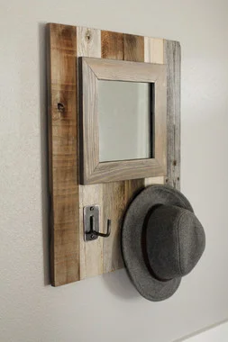 Rustic Entryway Mirror with Hooks – Reclaimed Barnwood Wall Organizer, 18×24