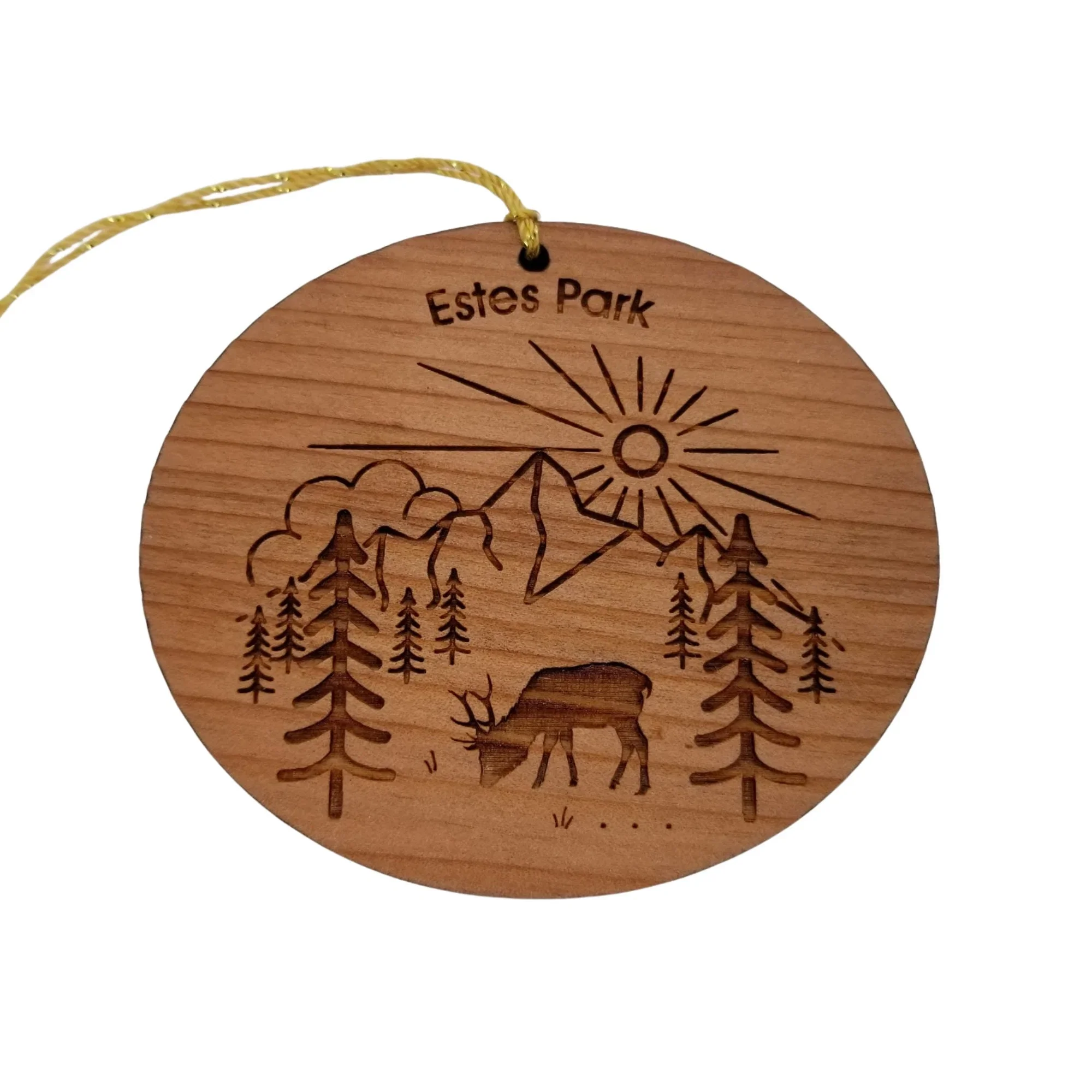 Estes Park Ornament – Elk Mountains Trees Sun Clouds – Handmade Wood Colorado Souvenir Christmas Ornament Travel Gift 3 Inch Rocky Mountain