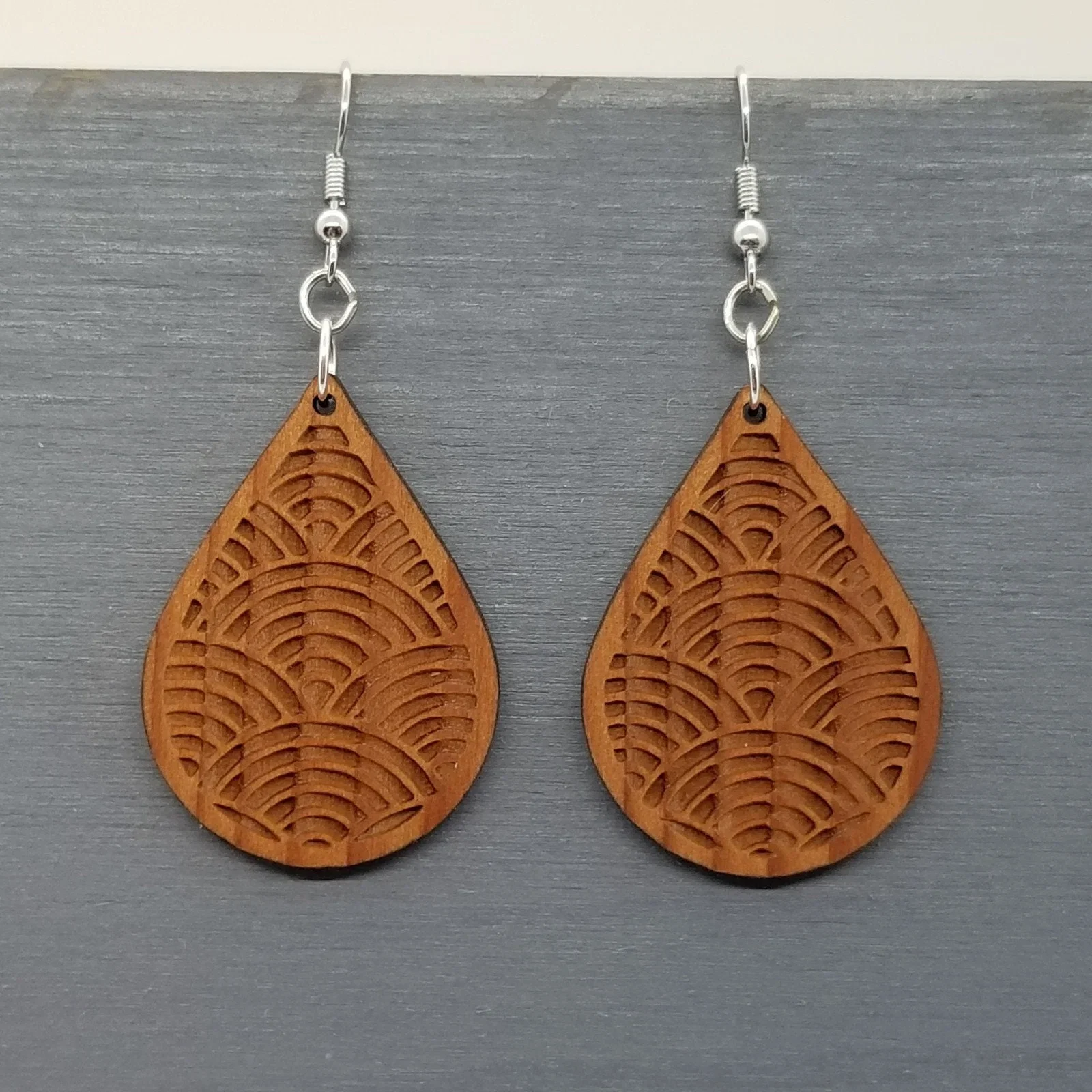 Wood Earrings – Engraved Teardrop Dangle Earrings – D16